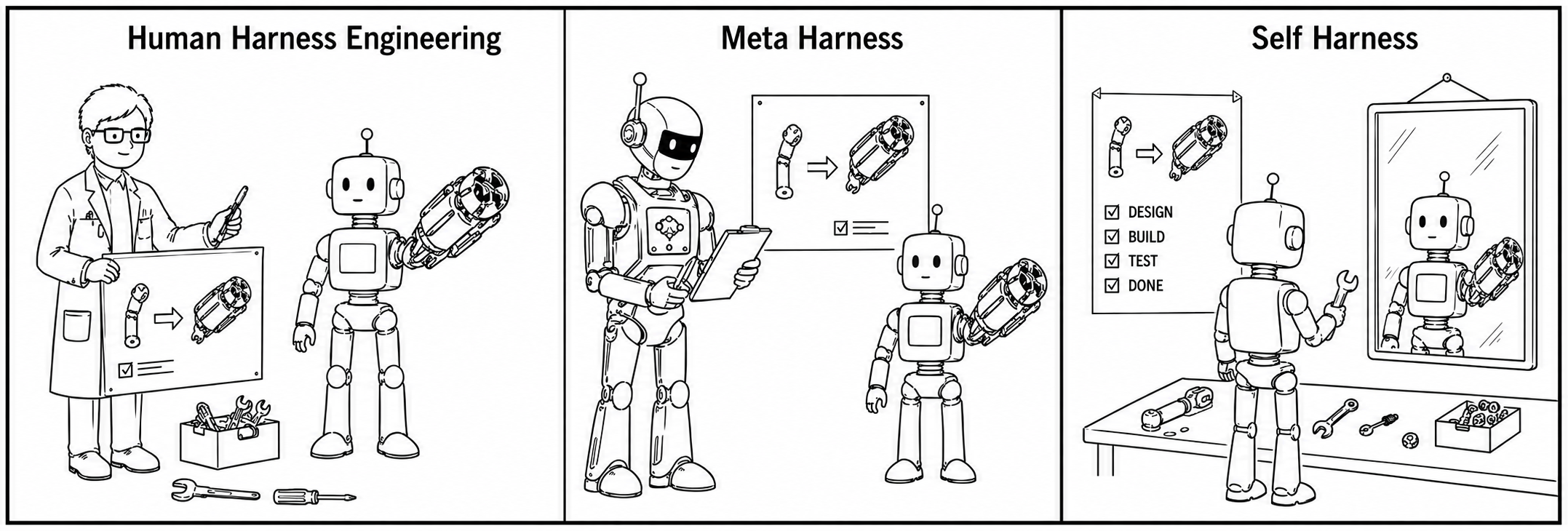 三种 harness 改进范式对比